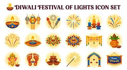 Fototapeta premium Diwali festival of lights icons showcase various traditional Indian decorations and symbols.