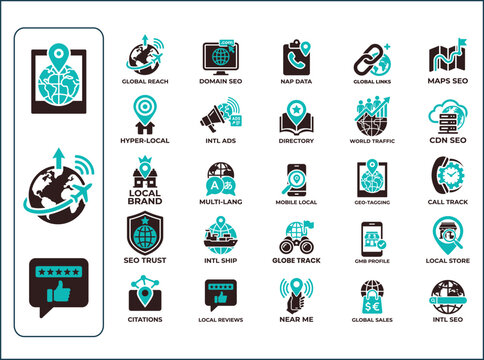 Digital marketing icons set for local search engine optimization and global online strategy.