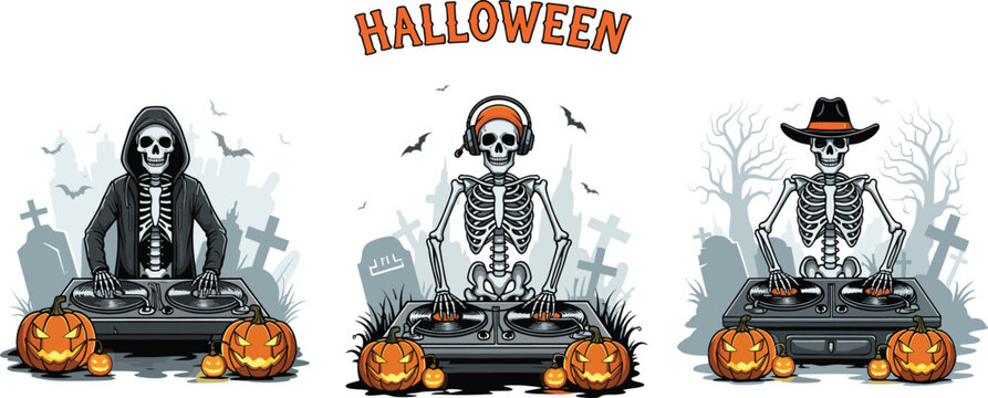 Halloween skeleton DJ party, spooky music scene with pumpkins and graveyard background, funny dancing skeletons with headphones, dark festive cartoon vector illustration