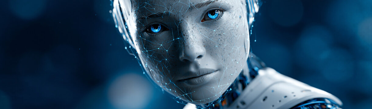 Android Face with Electric Blue Eyes: A close-up portrait of a humanoid robot with striking electric blue eyes, featuring intricate mechanical details on its face and neck.