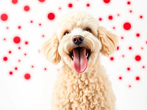 Playful poodle's tongue outstretched, red dots dancing on white background, white, playful