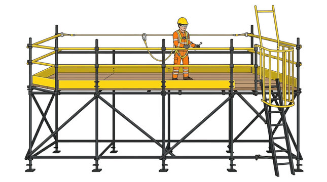 Construction worker on a secure scaffolding platform with yellow safety rails and a ladder for access.