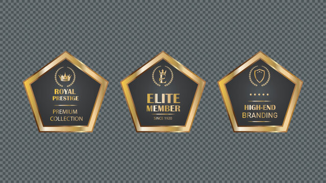 Set of luxury golden pentagonal emblems with premium branding labels