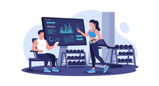 Vector illustration of a female fitness trainer and male athlete analyzing biomechanical data on a large digital screen in a modern gym with weights and treadmill.