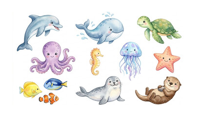Cute Aquatic Animals Watercolor Illustration Collection with Adorable Sea Creatures © Sagor