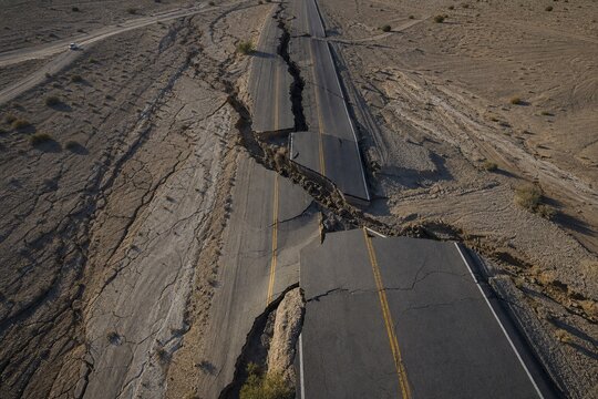 Aerial view of a cracked desert highway with severe lateral dislocation.