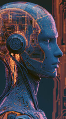 Fototapeta premium AI Cyborg Portrait: A detailed close-up of a cyborg's head in profile, showcasing intricate circuitry and a blend of human and artificial features.