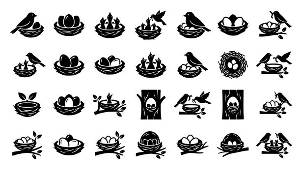 Mega Silhouette Vector Icon Grid Set of Wild Birds Breeding in Nests Hatching Eggs and Feeding Chicks for Wildlife App Interface Graphic Designs