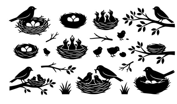 Bird Nest Silhouette Vector Element Set Featuring Wild Birds Tree Branches Hatching Eggs and Feeding Chicks Isolated on Plain White Background