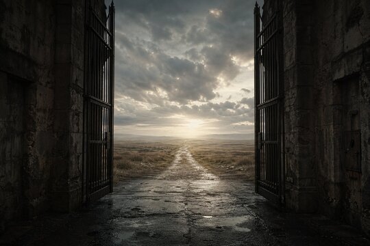 An open prison gate leading to a vast field in the distance.