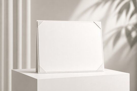Elegant blank white certificate holder displayed on a minimalist pedestal with soft leaf shadows in a bright, clean studio setting.