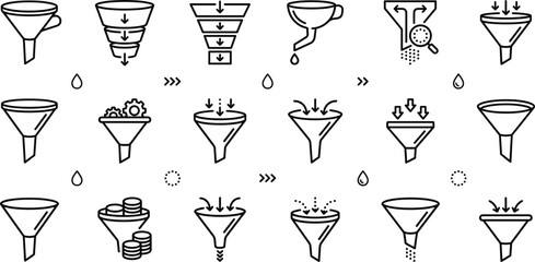 Sales funnel vector icon set with marketing pipeline stages business data filter linear art illustration graphics © Sabbir Studio