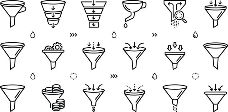 Sales funnel vector icon set with marketing pipeline stages business data filter linear art illustration graphics