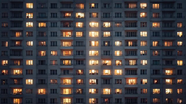 Apartment building facade illuminated at night, warm inviting lights in windows