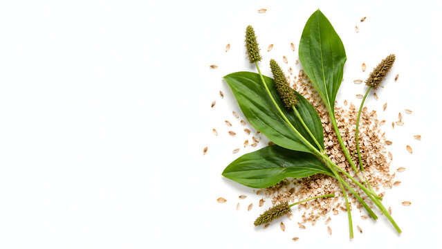 Plantago Ovata Leaves Seed Heads and Psyllium Husks on White Background with Botanical Copy Space