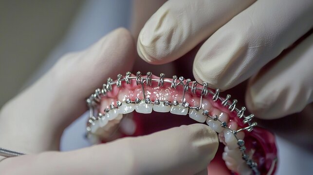 Close-up of professional gloved hands adjusting orthodontic braces on a dental model for teeth alignment treatment