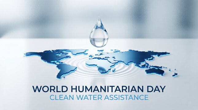 World Humanitarian Day background with water drop over 3D blue map