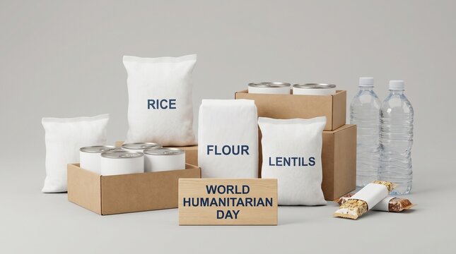 World Humanitarian Day food rations relief supply boxes group concept