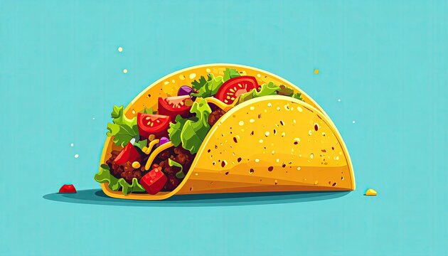 Delicious Taco Illustration with Fresh Ingredients on Blue Background.