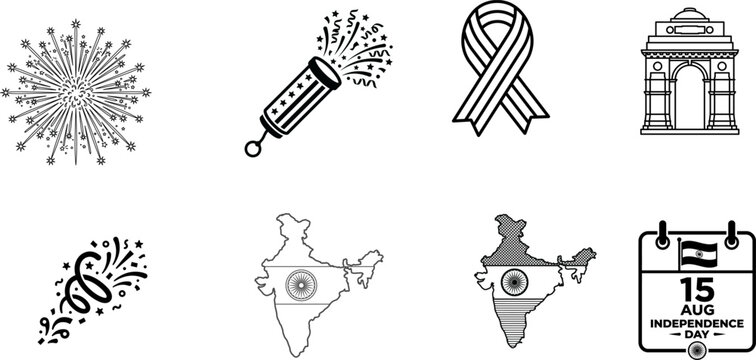 India independence day line art collection with fireworks and national symbols