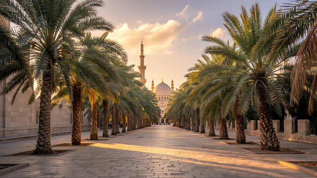 Palm-lined avenue, mosque architecture, desert cityscape, tropical getaway