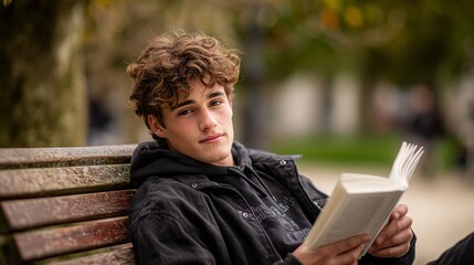 Fototapeta premium Young man with curly hair holding a book, sitting outdoors on a park bench