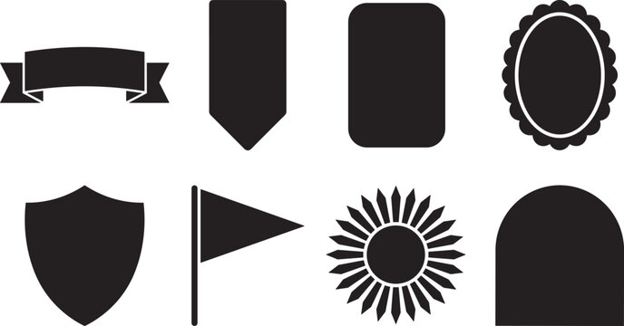 Blank badge and ribbon silhouettes set including shield flag plaque and sunburst shapes isolated on white background
