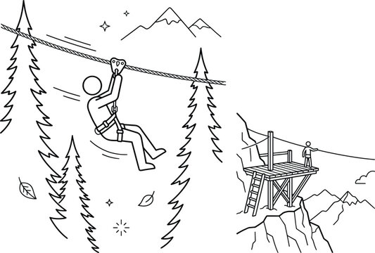 Zipline extreme adventure vector set with stick figure flying on rope over mountain forest landscape line art
