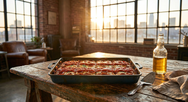 A lifestyle food photograph of a Detroit-style pizza set on a rustic wooden table in an urban loft setting during the golden hour. 