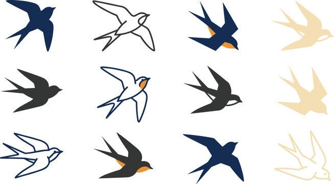 Flying Swallow Bird Silhouette and Outline Icon Set with Minimalist Barn Swallow Vectors for Nature Logo Designs and Summer Patterns