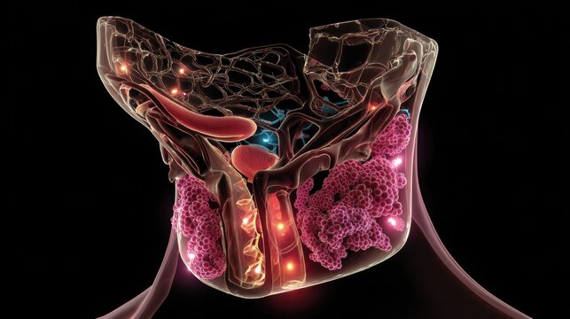 Anatomical Illustration of the Thyroid and Parathyroid Glands: A detailed, transparent 3D rendering showcases the intricate structure of the human thyroid gland and parathyroid glands.