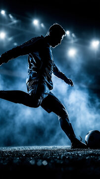 Soccer Star in Action: A soccer player powerfully kicks the ball on a stadium field, illuminated by dramatic spotlights, creating a dynamic and intense atmosphere of competition.