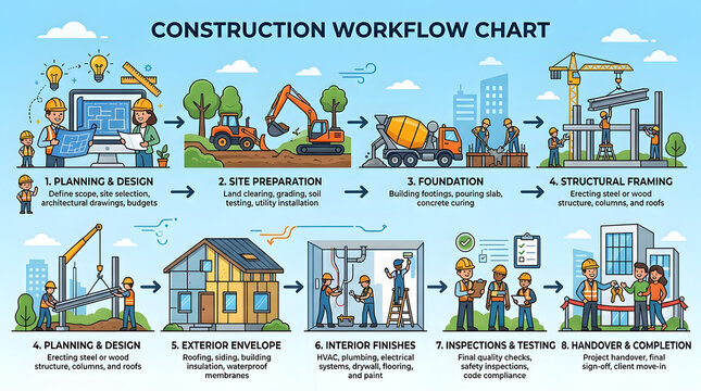 Detailed construction workflow chart showing professional building project development process steps