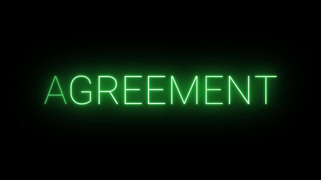 Flickering neon green glowing agreement sign animated black background.