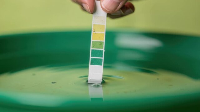 Hand testing water quality with pH test strip in green bowl for environmental and health safety