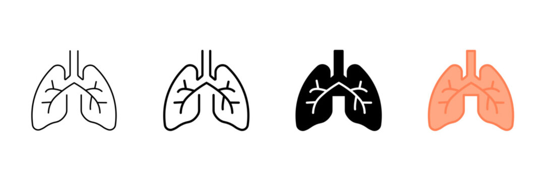 Set of minimalist lung icons with transparent background, depicting human anatomy symbols for medical diagnostics, respiratory health, and biology, vector illustration