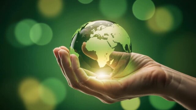 Hand holding a glowing green earth globe symbolizing environmental care and global sustainability concept