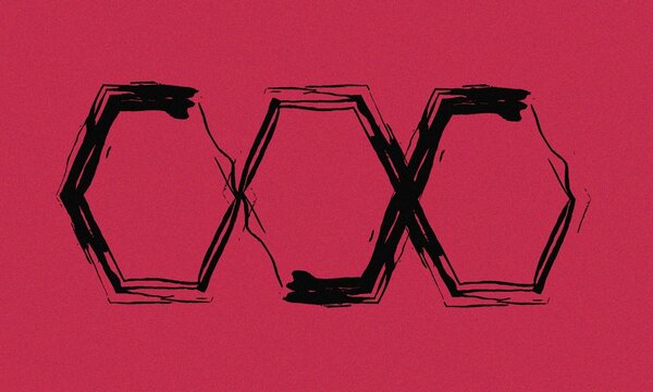 Abstract graphic design featuring interconnected hexagonal shapes sketched in black on a solid red background abstract background interconnected minimalist artistic creative, Hand brash design