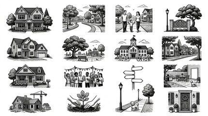 Obraz premium Collection of Vintage Architectural Sketches and Scenes.