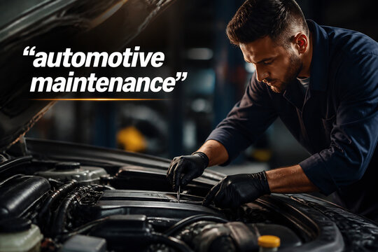 A mechanic is working on a car engine in a garage setting.