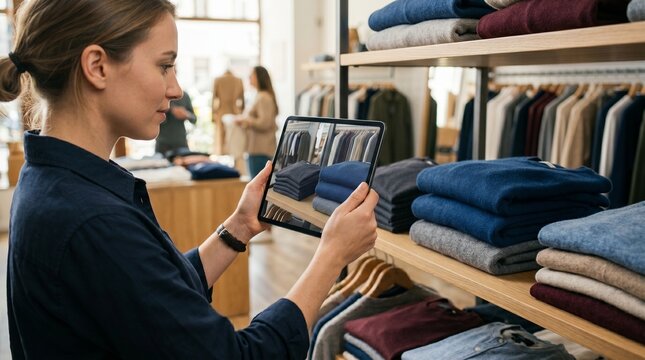 Retail associate scanning smart clothing shelf inventory with tablet