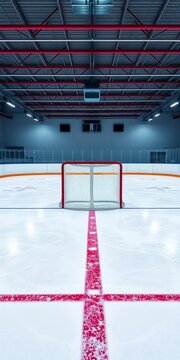 Empty ice hockey rink with goal net and red line during practice session, ||Frozen rink, sticks
