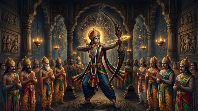 Dashavatara Ramachandra Lifting Mighty Weapon in Ancient Assembly Court Illustration