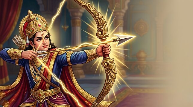 Lord Rama Aiming Golden Bow with Divine Lightning Arrow Illustration