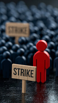 Protest and Disagreement: A singular red figure stands out amidst a crowd of dark figures, holding a sign that reads STRIKE, symbolizing dissent and collective action in a social or labor dispute.