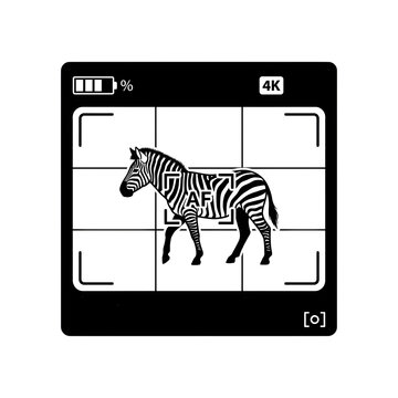 Minimalist black and white vector icon of a zebra captured inside a camera viewfinder framing. Conceptual illustration of wildlife photography, focus, and safari hunting.
 