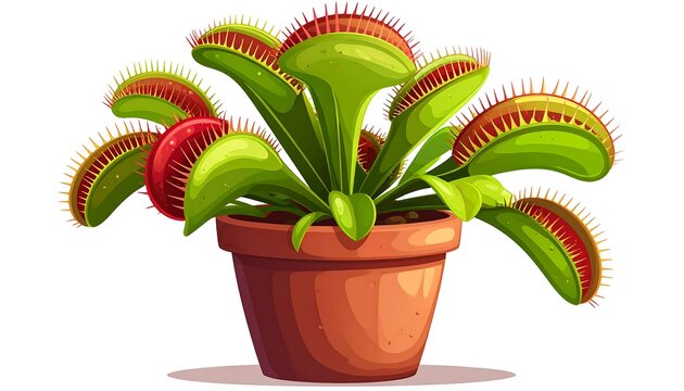 A vibrant, cartoon illustration of a carnivorous plant with green leaves, red-lined traps, potted in a terracotta planter