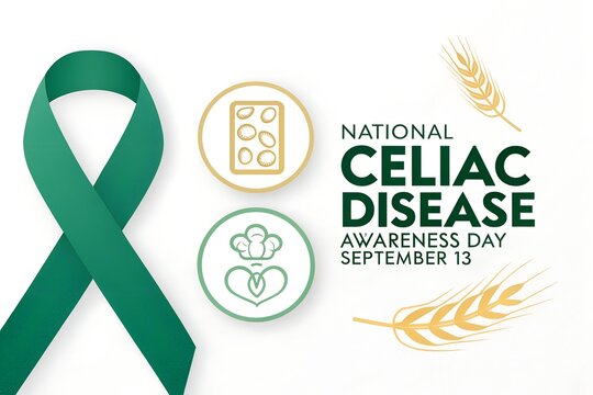 Green awareness ribbon displayed alongside golden wheat stalks and stylized dietary icons to commemorate national celiac disease awareness day observed every year on the thirteenth of September for pu