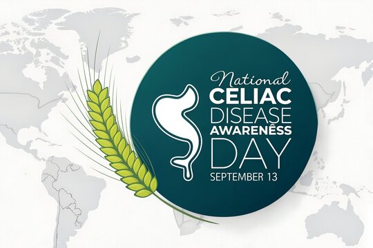 National celiac disease awareness day graphic featuring a stylized wheat stalk illustration and a white stomach icon set against a dark teal circular background with a global map backdrop design.