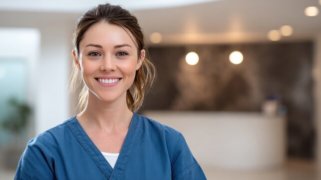 Caring Professional: A smiling healthcare worker in blue scrubs stands confidently in a modern clinic, embodying compassion and dedication.
